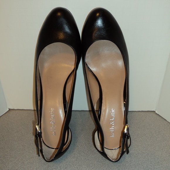 Kelly & Katie Women's 9.5 M Shoes Pump Wedge Black Leather Rd Toe - Picture 4 of 13